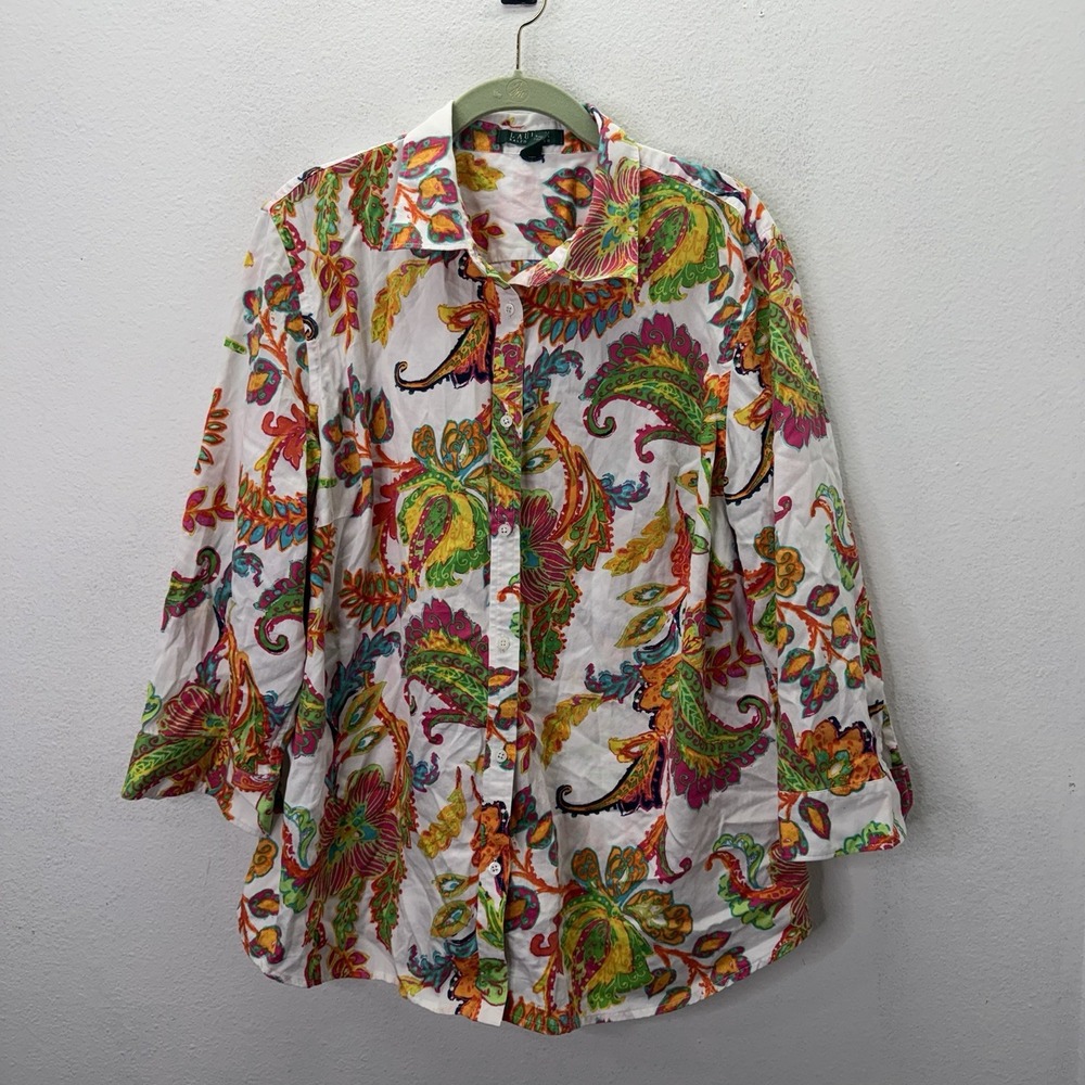 Lauren Ralph Lauren Button Up Shirt Womens 2X Paisley Lightweight Artsy Boho